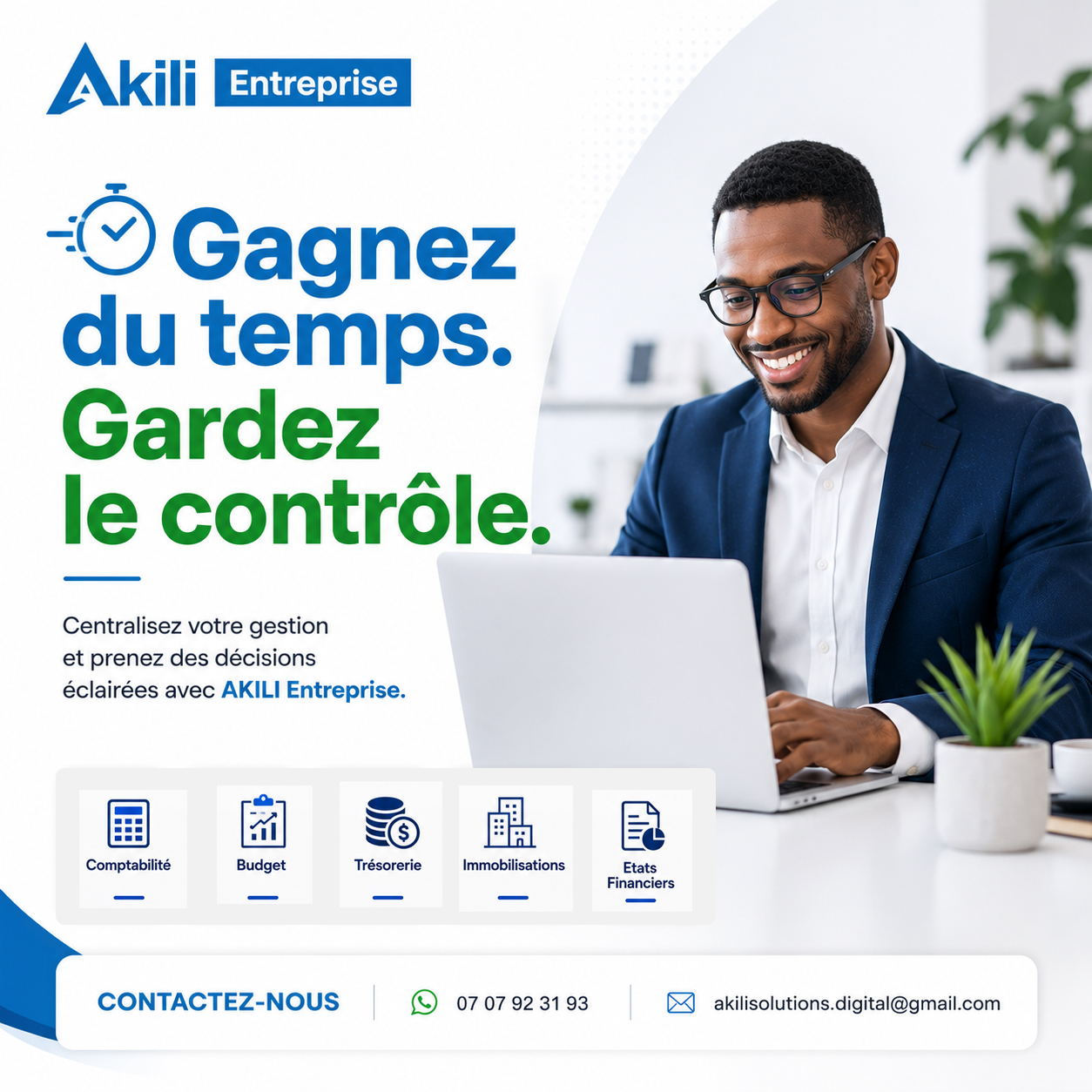 Visuel AKILI Entreprise présentant des modules de gestion