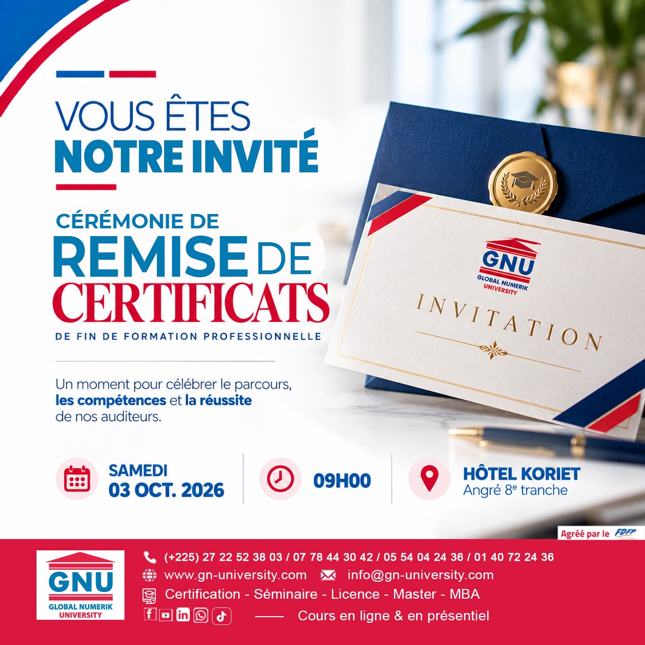 Invitation à la cérémonie de remise de certificats GNU