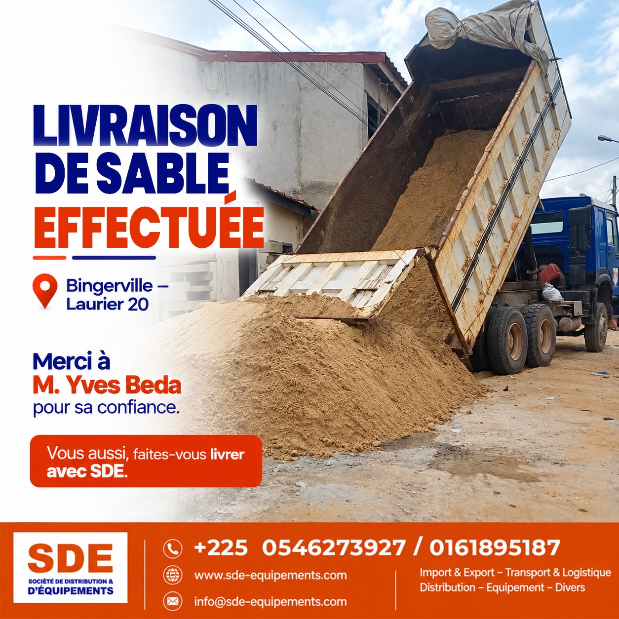 Visuel SDE annonçant une livraison de sable à Bingerville